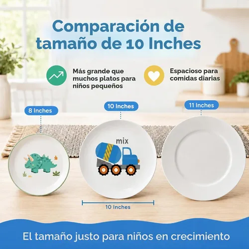 Vista 4 de Tiny Expressions - Placas de construcción para niños pequeños - Juego de 4 platos de melamina para niños - Excavadora, mezcladora de cemento