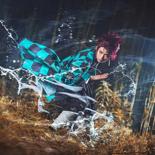 Vista 4 de Alaiyaky - Disfraz para cosplay de Tanjiro, traje para niños, disfraz con chaqueta y capa de Tanjiro Kamado de Demon Slayer para cosplay, Halloween