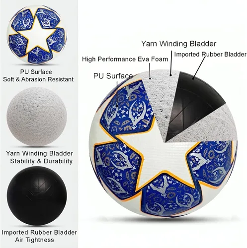 Vista 4 de Champion League - Balón de fútbol tamaño 5 – Pelota de réplica Pro Match, pelota de fútbol de piel sintética duradera para entrenamiento, partidos