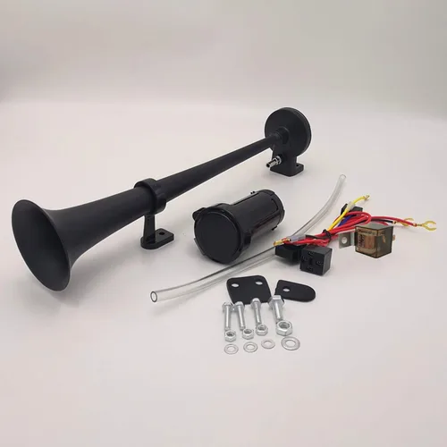 Vista 3 de Bocina de aire de 12 V 150 DB Bocina de coche 17.7 in Altavoz de coche Negro Cromo Zinc Trompeta simple Bocina súper fuerte con bomba de aire Bocina