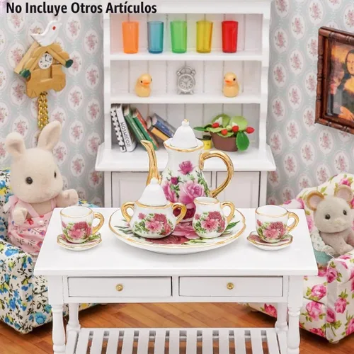Vista 3 de Odoria Juego de té de porcelana en miniatura 1/6, 8 piezas, accesorios de decoración de casa de muñecas, rosa roja Multicolor