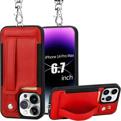 Vista 27 de TOOVREN Funda para teléfono compatible con iPhone 14 Plus, compatible con iPhone 14 Plus, funda con correa para tarjetero, cordón de cuero para Negro