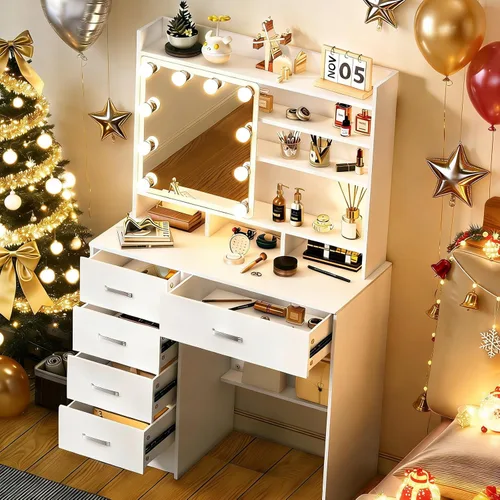 Vista 10 de Escritorio blanco cálido con espejo iluminado LED, mesa de tocador de maquillaje con armario izquierdo iluminado, 6 cajones y taburete, tocador