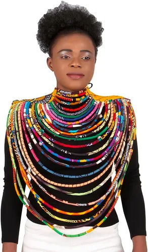 Vista 2 de BAZINRICHE Collares hechos a mano para mujer Ankara Kente, collar largo de cera africana de múltiples hebras