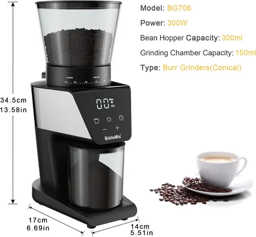 Vista 14 de BioloMix Molinillo de café eléctrico, molinillo cónico de rebabas