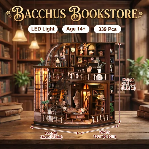 Vista 2 de FERAHI Kits de rincón de libros para adultos, decoración de rincón de libros con luz LED, kit de casa en miniatura, rompecabezas de madera 3D, kit