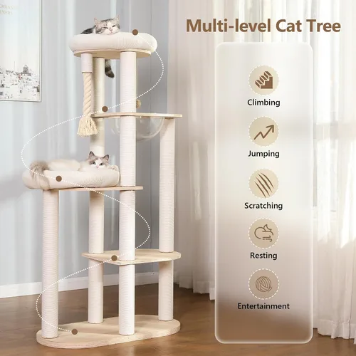Vista 11 de Árbol moderno para gatos de 59 pulgadas, torre grande de varios niveles, árbol de madera resistente para gatos con hamaca, poste rascador de algodón