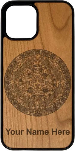 Vista 6 de LaserGram Funda de madera natural compatible con iPhone, calendario azteca, grabado personalizado incluido (bambú)