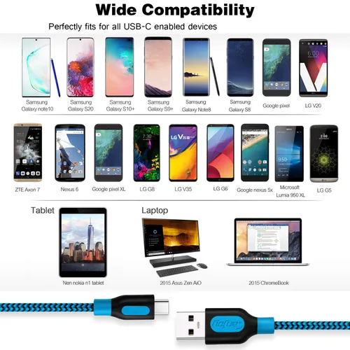 Vista 7 de Canjoy Cable USB C, paquete de 3 cables trenzados de carga rápida tipo C de Azul