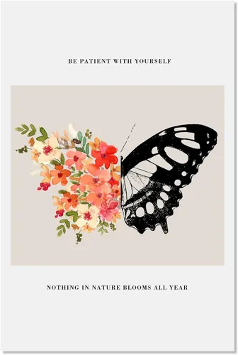 Vista 2 de Be Patient with Yourself Art Butterfly Flower Picture Mental Health Wall Art Watercolor Flower Poster Positive Afirmations Pictures Black Butterfly