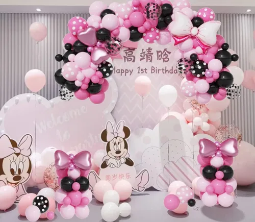 Vista 3 de Kit de arco de guirnalda de globos de ratón rosa, globos rosa y negro con globos de papel de aluminio, decoraciones de fiesta de cumpleaños