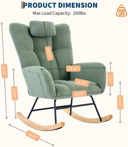 Vista 9 de Mecedora deslizadora tapizada con patas de madera para sala de estar, dormitorio, cuarto de bebé, incluye bolsillos laterales