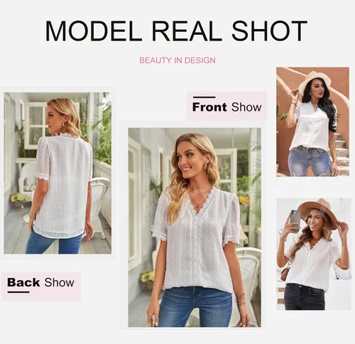 Vista 3 de Dokotoo - Blusas para mujer con cuello en V y encaje a crochet con vuelo camisetas