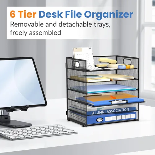 Vista 5 de Daltack Organizador de papel de 6 niveles para escritorio, organizador de bandejas de papel para escritorios, organizadores de archivos de Negro