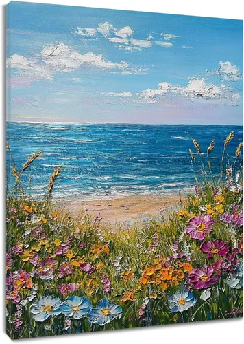 Vista 16 de LB Arte de pared de escena de playa para baño, paisaje de naturaleza costera, lienzo, pinturas de pared, decoración del hogar, océano azul, cuadros
