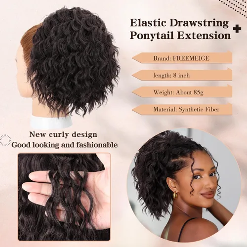 Vista 5 de FREEMEIGE Extensión de cola de caballo, cola de caballo rizada ondulada de 8 pulgadas para mujeres negras, corto, suave, natural, sintético, grueso