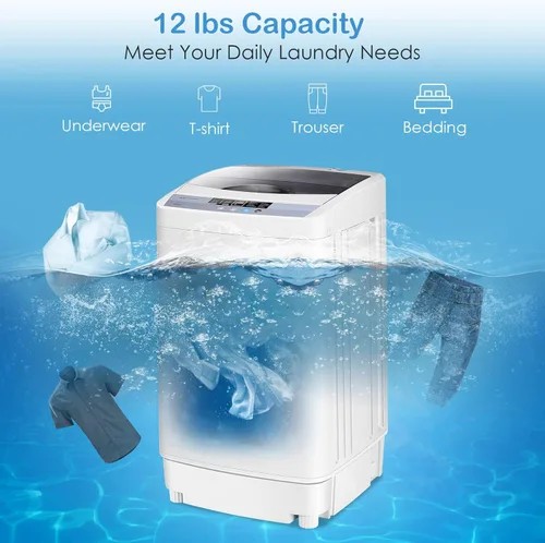 Vista 4 de Giantex Lavadora portátil compacta de 12 libras de capacidad totalmente automática con bomba de drenaje, 10 programas, 8 niveles de agua, 1.34 pies