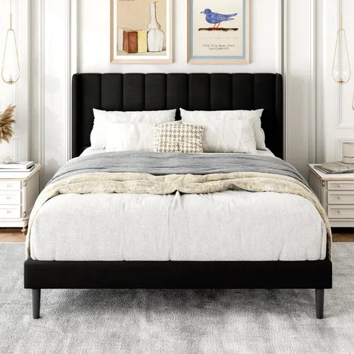 Vista 7 de Gruwans Base de cama de tamaño individual con cabecera tapizada con respaldo de ala, plataforma de fácil montaje, soporte de listones de madera,