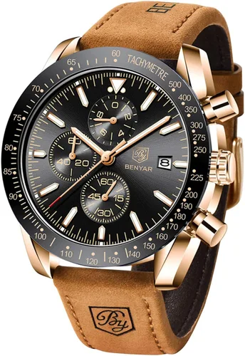 Vista 6 de BENYAR - Relojes para hombre, cronógrafo de cuarzo, marca de lujo, impermeable, relojes de pulsera de cuero marrón a la moda para hombres