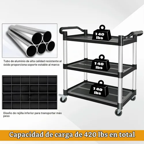 Vista 4 de Carros utilitarios de plástico con ruedas, carrito de restaurante de 3 niveles, carrito de servicio de alimentos resistente 420 libras, carrito