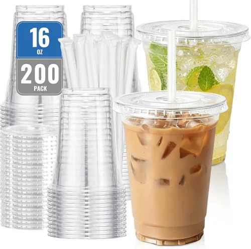 Vista 9 de Paquete de 200 vasos de plástico de 24 onzas con tapas y pajitas
