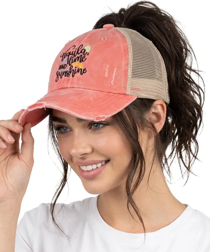 Vista 107 de Funky Junque - Sombrero de cola de caballo para mujer, gorra de béisbol con ajuste ajustable y cola de caballo alta cruzada para uso diario Paquete