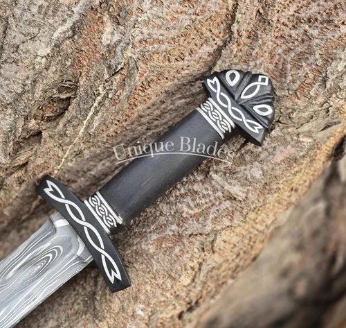 Vista 4 de Espada de daga vikinga, acero de Damasco de 16 pulgadas, espada corta de doble filo de espiga completa con mango de madera y vaina