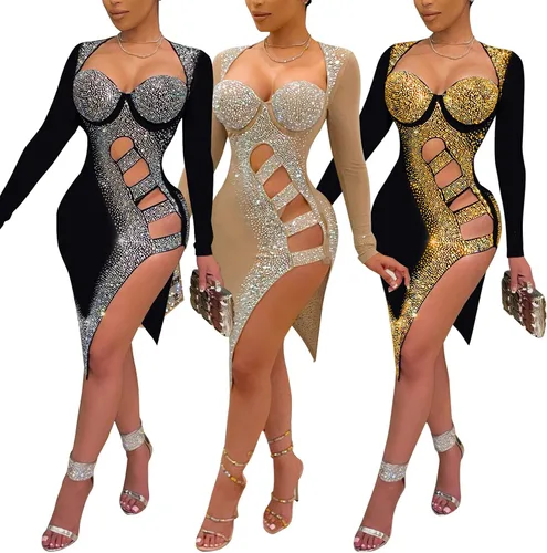 Vista 4 de PORRCEY Vestido de noche brillante de manga larga con diamantes de imitación para mujer, sexy, elegante, para club nocturno