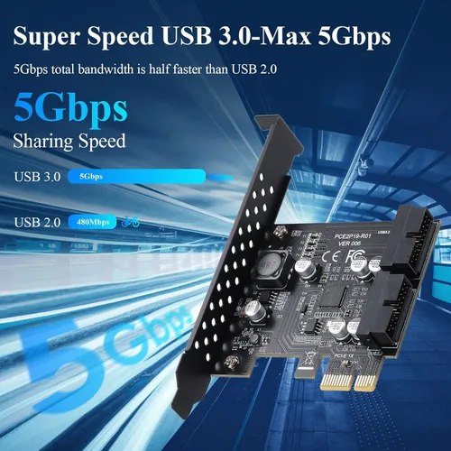 Vista 3 de Tarjeta de expansión PCIe de 1 x a 2 puertos y 19 pines, USB 3.2 Gen 1 5 Gbps SuperSpeed PCI Express adaptador USB, compatible con Windows