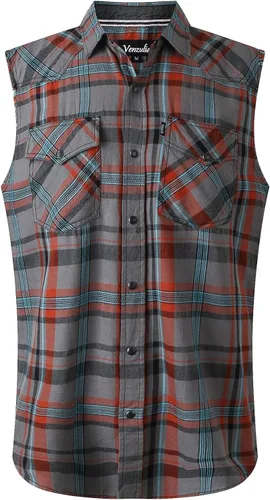 Vista 16 de Camisa casual de franela a cuadros con broches sin mangas con bolsillo para hombre