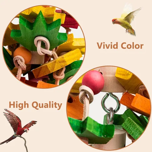 Vista 4 de Juguete masticable para pájaros grandes y pequeños, bloque de madera natural con diseño de hoja de arce multicolor, recorte de pico para cacatúas