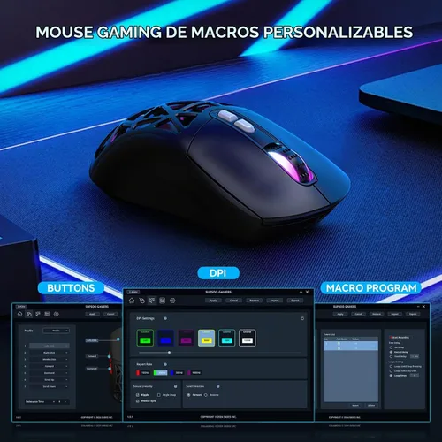 Vista 3 de FD Mouse inalámbrico para juegos, mouse macro programable RGB recargable, 10000 DPI, trimodo 2.4 GHz/BT 5.0 con cable, batería integrada de 3.7 V