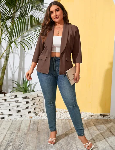Vista 6 de Blazer casual con bolsillos para mujer, talla grande, para oficina, frente abierto, manga 34, cárdigans, chaqueta de trabajo