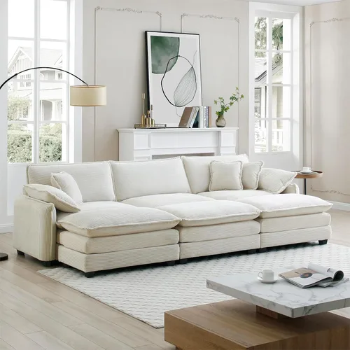 Vista 4 de Sofá de nube de gran tamaño con 3 otomanas, asiento profundo de 25.52 pulgadas de pana cómodo sofá cama de 3 plazas, moderno sofá modular modular