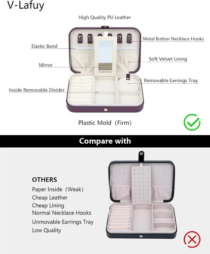 Vista 3 de V-LAFUY Organizador de viaje de joyería caja de joyería de viaje portátil pequeño estuche de joyería de viaje con espejo caja de joyería pequeña