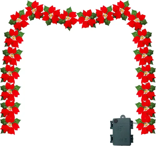 Vista 6 de Guirnalda de Pascua roja LED de Navidad con luces blancas cálidas de 14 pies, flores de Pascua artificiales para decoración navideña, temporizador