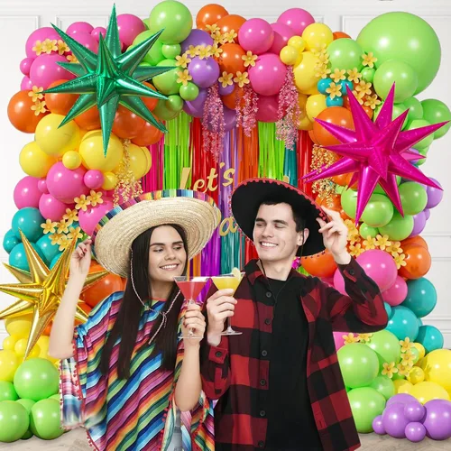 Vista 5 de Kit de guirnalda de globos de fiesta mexicana de 158 piezas con globos de aluminio amarillo, rosa intenso, lima, verde, naranja, morado, verde