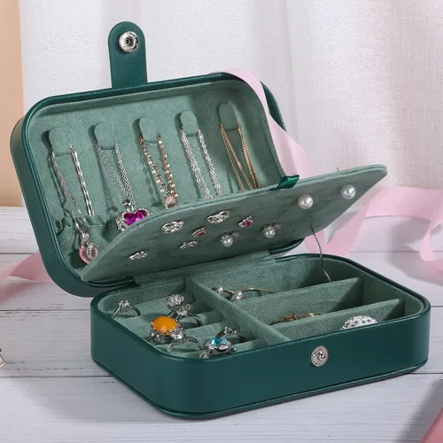 Vista 2 de Joyero de viaje, organizador de joyas pequeño de piel sintética para mujeres y niñas, mini estuche de viaje portátil de doble capa, cajas