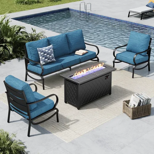 Vista 61 de MFSTUDIO Juego de 4 piezas de conversación para patio, marco de metal para todo tipo de clima, muebles de exterior con 1 mesa rectangular de propano