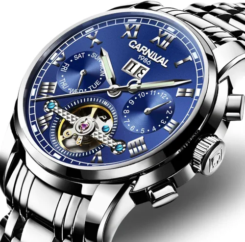 Vista 6 de CARNIVAL Mens tourbillon Automatic Mechanical Watch Silver Stainless Steel Multifunction Blue Watches
