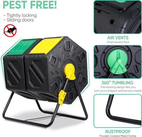 Vista 9 de JupiterForce Contenedores de compostaje de doble cámara, vaso giratorio de compost con 2 puertas correderas para jardines al aire libre, para todas