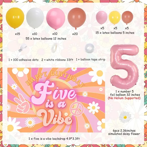 Vista 7 de Cheereveal Five Groovy - Kit de arco de guirnalda de globos de 5º cumpleaños, pancarta número 5, globo de aluminio hippie retro disco suministros
