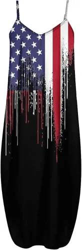 Vista 4 de PANOEGSN Vestidos largos de verano con bandera estadounidense para mujer, vestido sin mangas con tirantes delgados para el 4 de julio, vestido