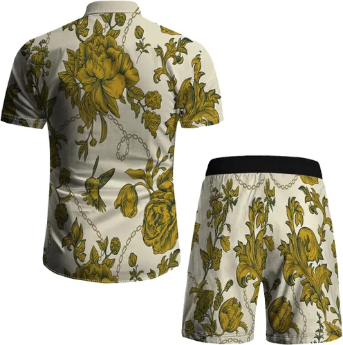 Vista 30 de RPOVIG Conjunto de playa a juego con camisas y pantalones cortos para hombre, ropa floral hawaiana para festival, conjuntos de 2 piezas con sombrero