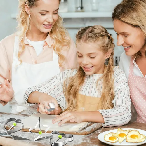 Vista 8 de Juego de 6 moldes para huevos fritos antiadherentes de acero inoxidable y máquinas para hacer panqueques con asas plegables para cocinar