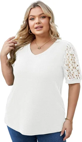 Vista 3 de OLRIK Plus Size Tops for Women Summer Blouse Waffle Knit Short Lace Sleeve Shirts