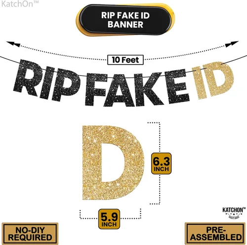 Vista 4 de KatchOn, Cartel de identificación falso con purpurina RIP negro y dorado – Prestrung, 10 pies Cartel de identificación falso para decoraciones