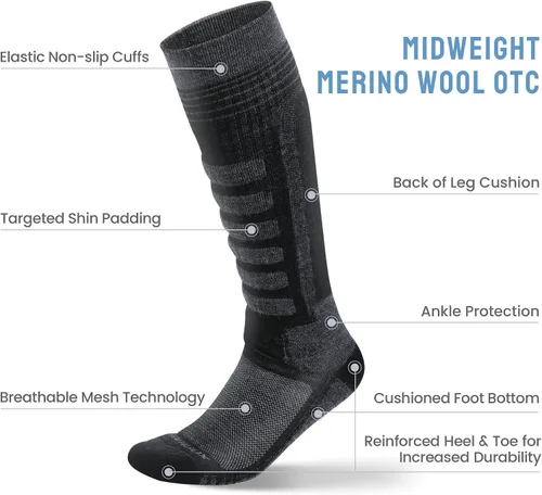 Vista 3 de 2 pares de calcetines de esquí de lana merina, fabricados en Estados Unidos, calcetines de esquí y snowboard para hombres y mujeres (Ashland)
