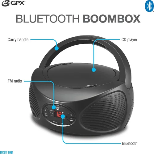 Vista 6 de GPX Bluetooth CD Boombox con radio FM, altavoz estéreo portátil