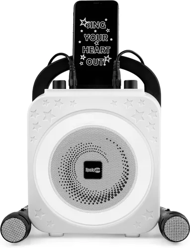 Vista 7 de RockJam Máquina de karaoke Bluetooth recargable de 10 vatios con dos micrófonos, espectáculo de luz y efectos de voz